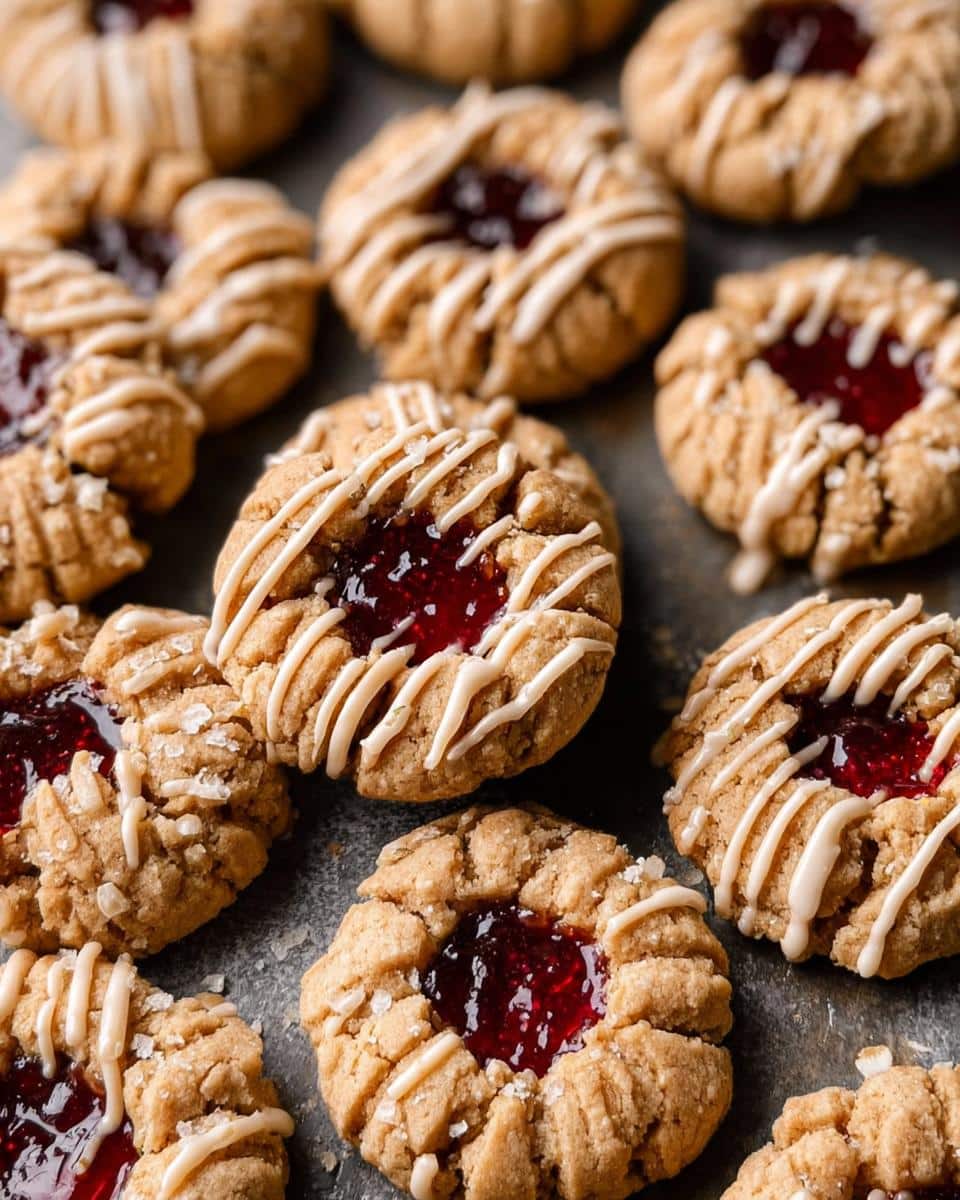 Close-up of several delicious Peanut Butter Jam Thumbprint Cookies topped with raspberry jam and white icing drizzle.