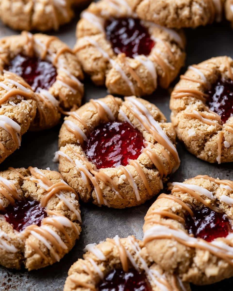 Close-up of several delicious Peanut Butter Jam Thumbprint Cookies drizzled with white and peanut butter icing.