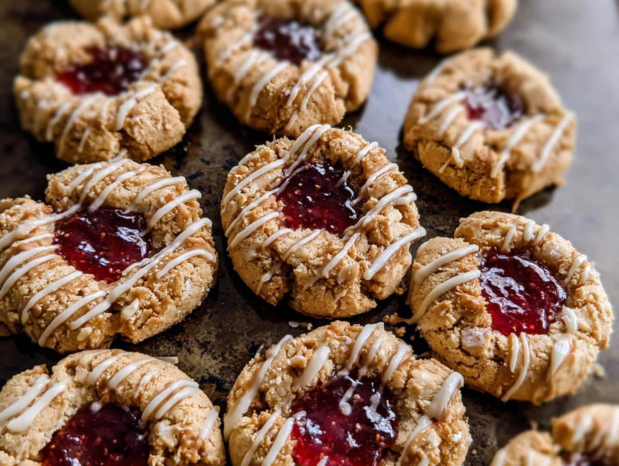 Close-up of several Peanut Butter Jam Thumbprint Cookies drizzled with white icing on a dark baking sheet.