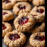 A close-up stack of delicious Peanut Butter Jam Thumbprint Cookies drizzled with icing.
