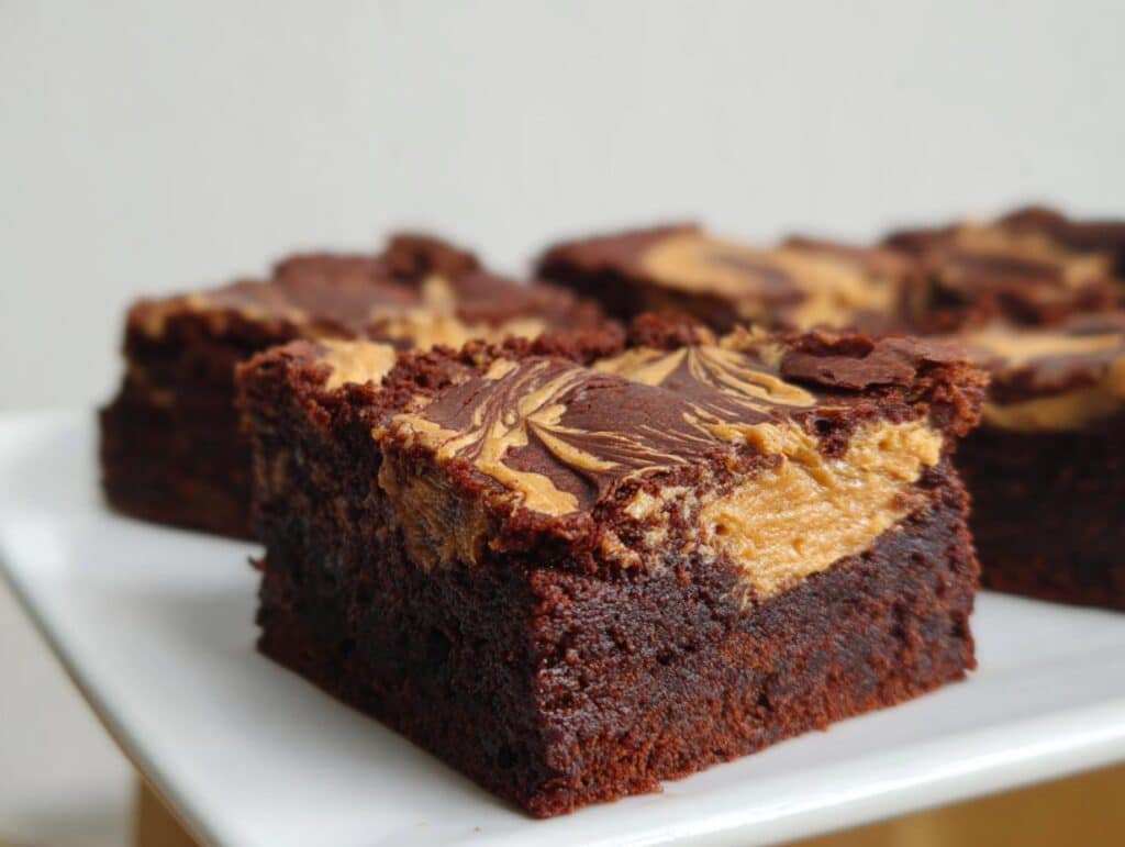 A fudgy square of Peanut Butter Thermomix Brownies featuring a thick peanut butter swirl topping.