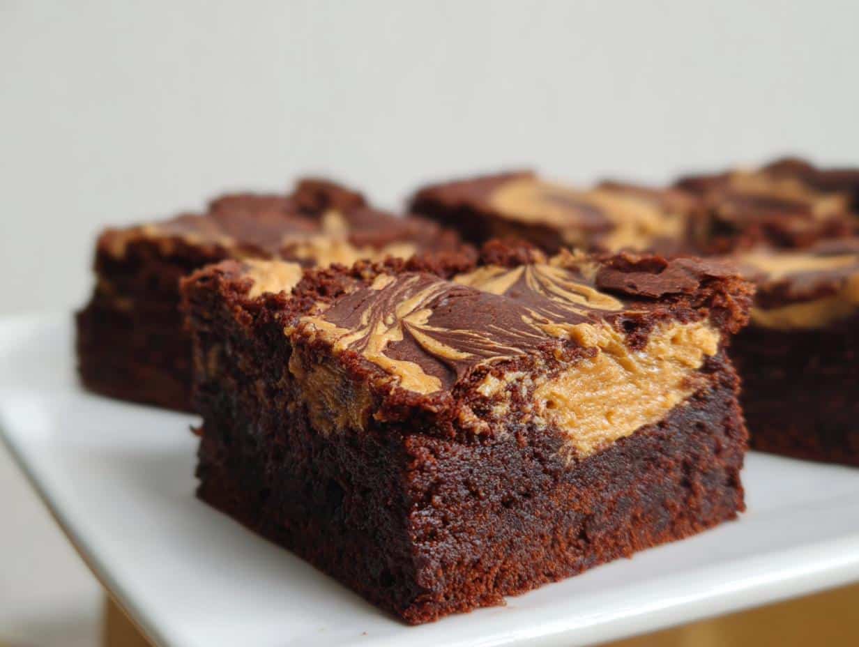 A fudgy square of Peanut Butter Thermomix Brownies featuring a thick peanut butter swirl topping.