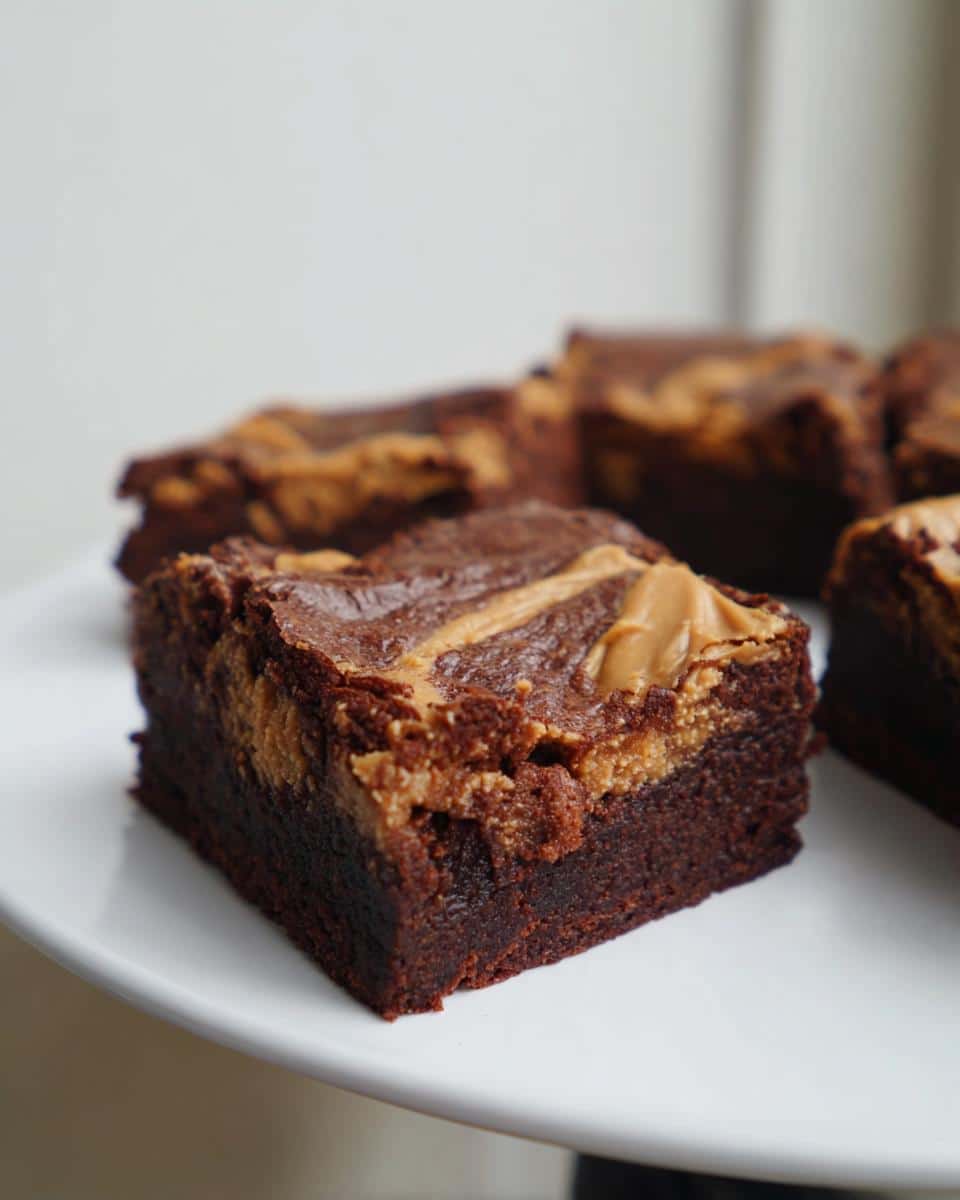 A close-up of a rich, fudgy square of Peanut Butter Thermomix Brownies with a visible peanut butter swirl.