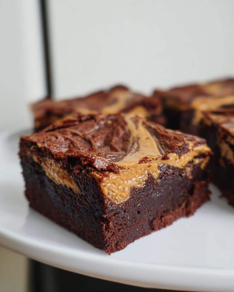Close-up of a fudgy square of Peanut Butter Thermomix Brownies with a peanut butter swirl topping.