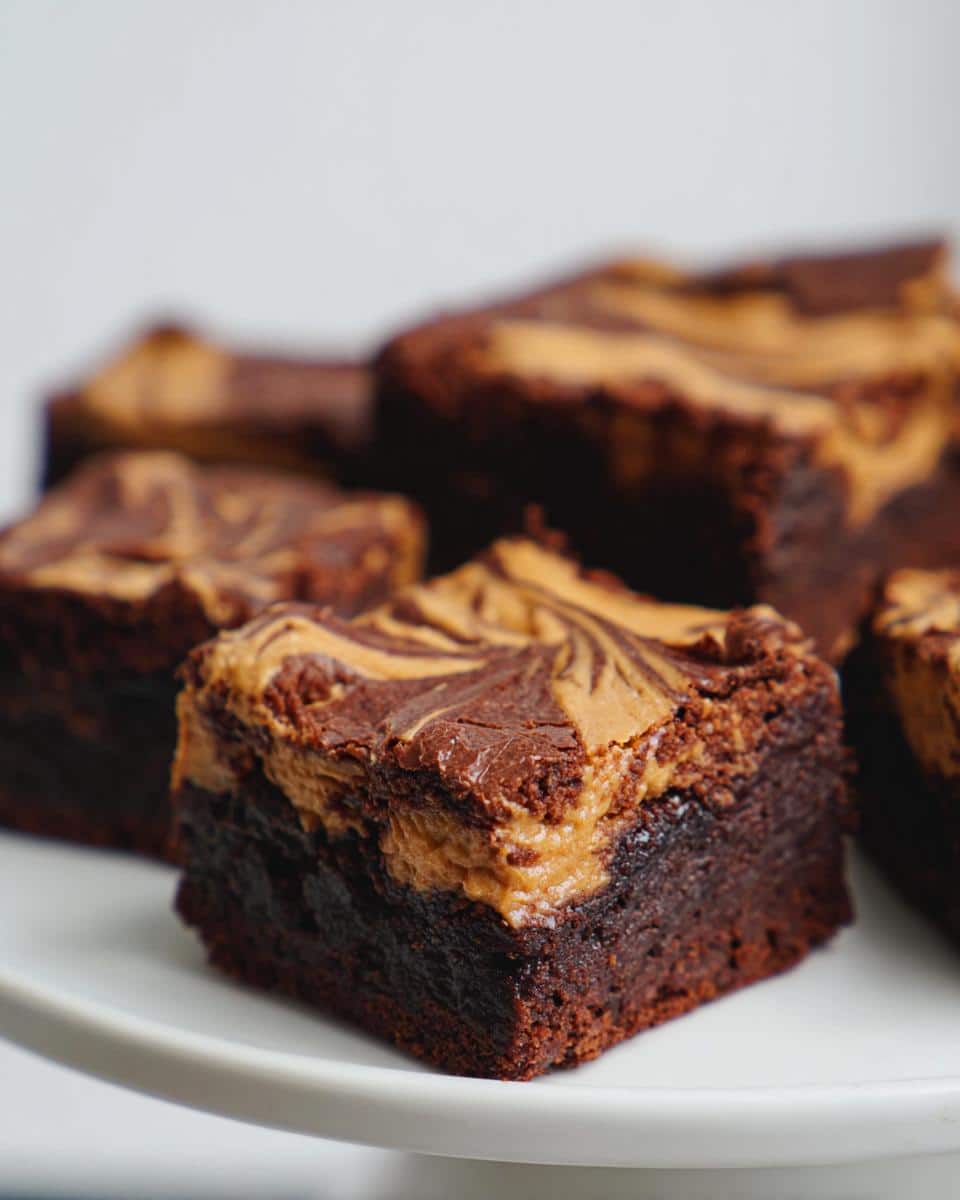 Close-up of a rich, fudgy square of Peanut Butter Thermomix Brownies with a marbled peanut butter swirl topping.