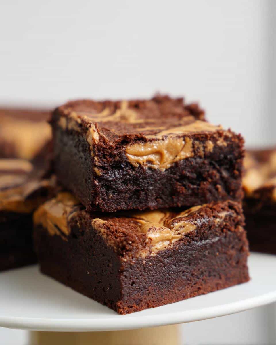 Two fudgy Peanut Butter Thermomix Brownies stacked on a white plate with peanut butter swirls on top.