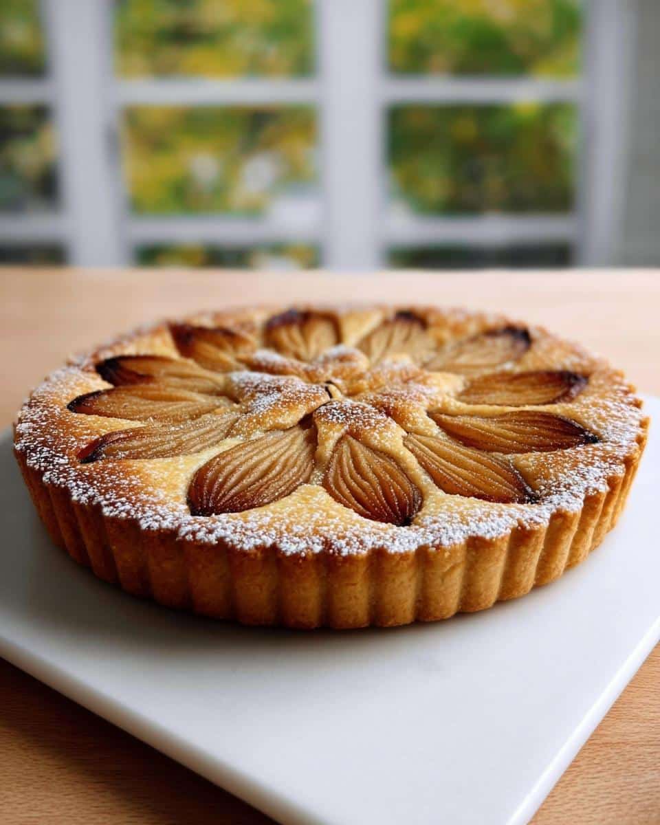 A golden-brown Pear Almond Frangipane Tart, topped with fanned pear slices and dusted with powdered sugar.