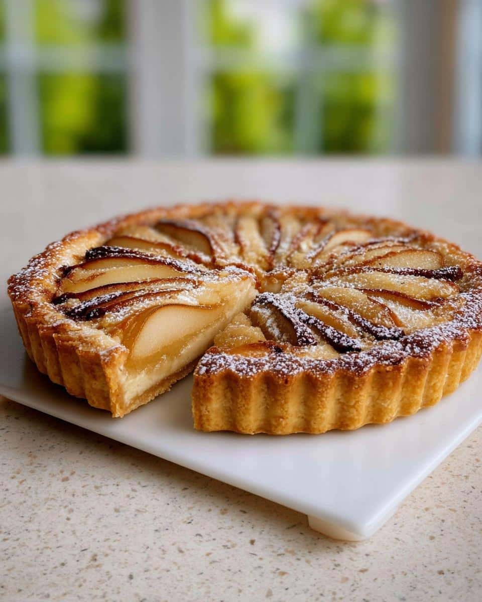 A beautiful Pear Almond Frangipane Tart with a slice removed, dusted lightly with powdered sugar.
