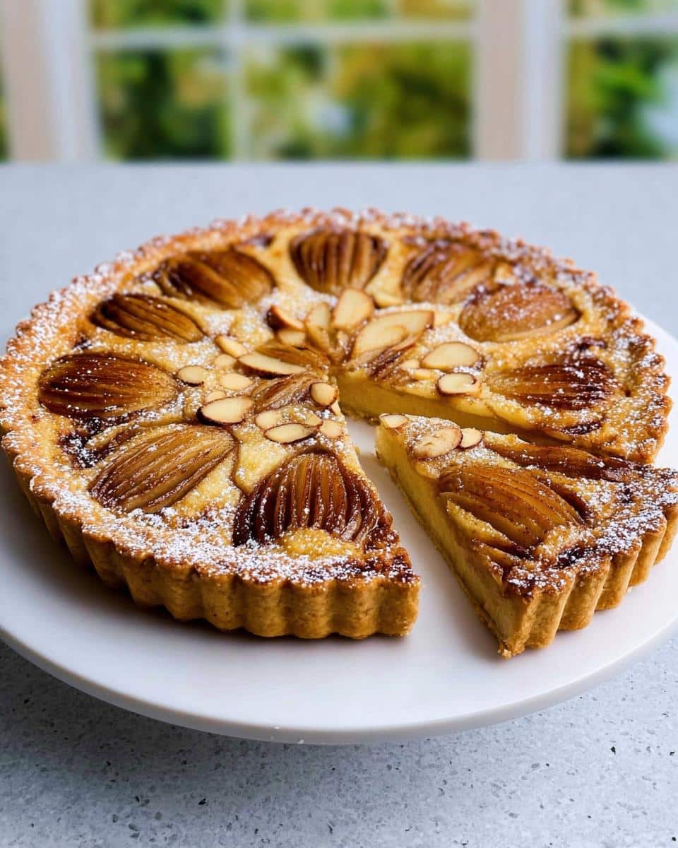 A beautiful Pear Almond Frangipane Tart with a slice removed, topped with caramelized pears and slivered almonds.