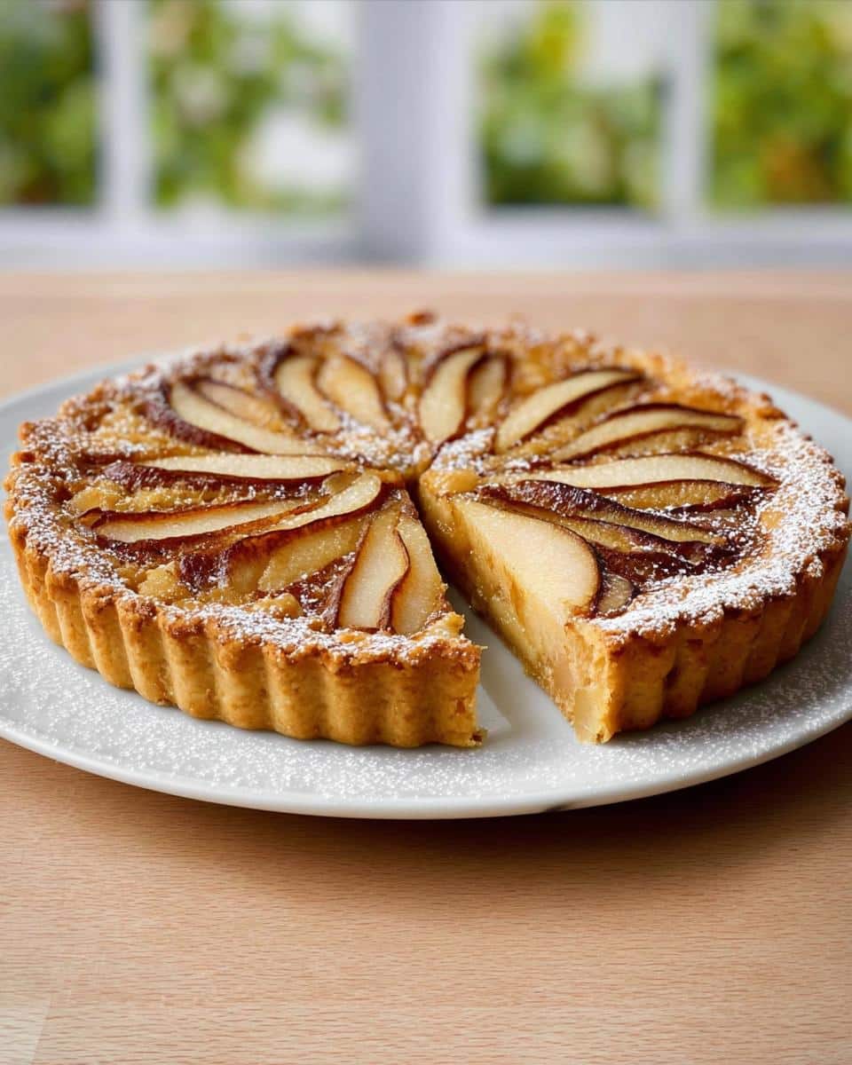 A whole Pear Almond Frangipane Tart, dusted with powdered sugar, with one slice partially removed.