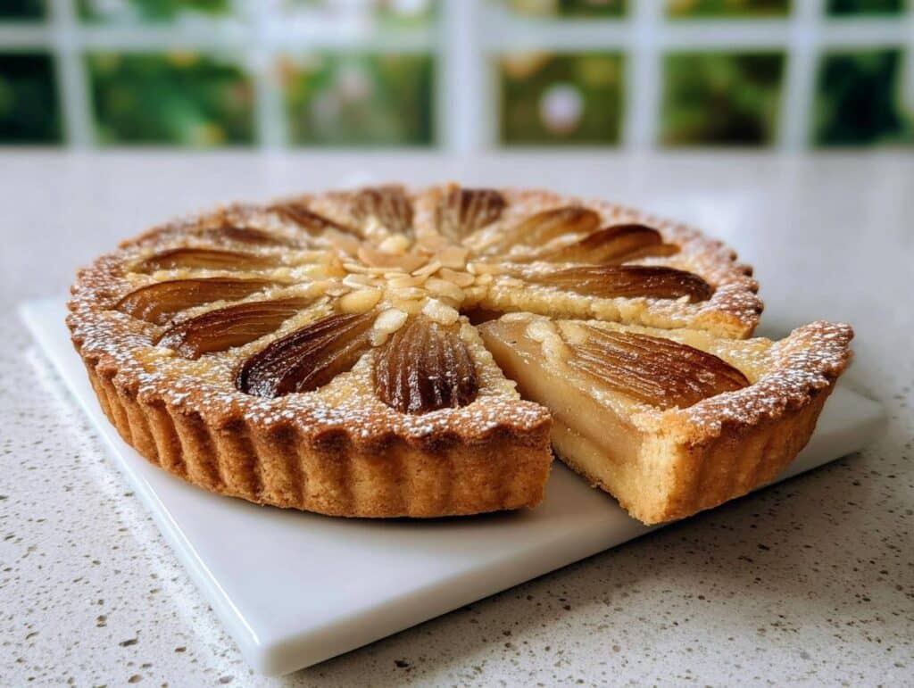 A whole Pear Almond Frangipane Tart dusted with powdered sugar, with one slice cut out showing the rich filling.