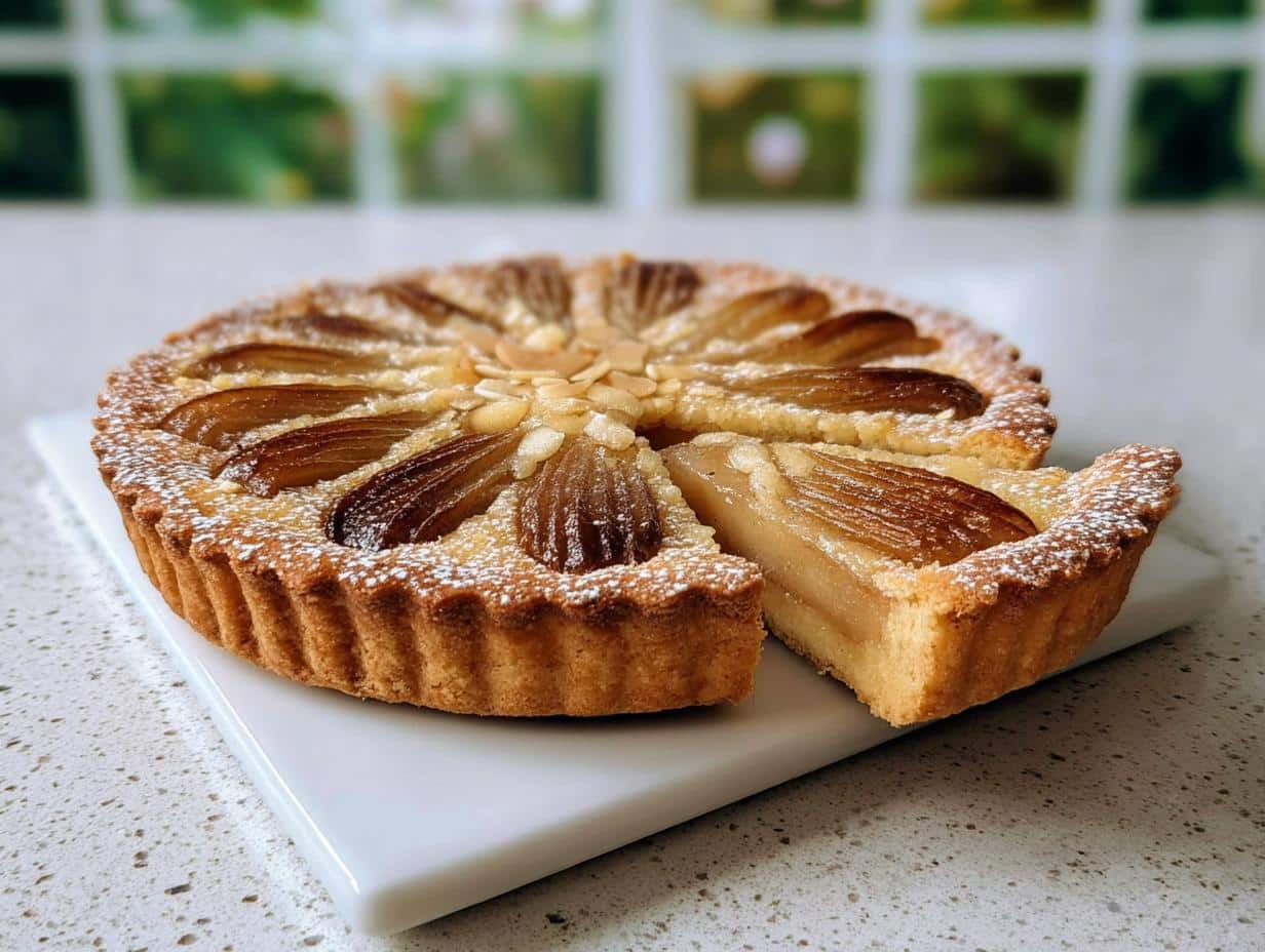 A whole Pear Almond Frangipane Tart dusted with powdered sugar, with one slice cut out showing the rich filling.