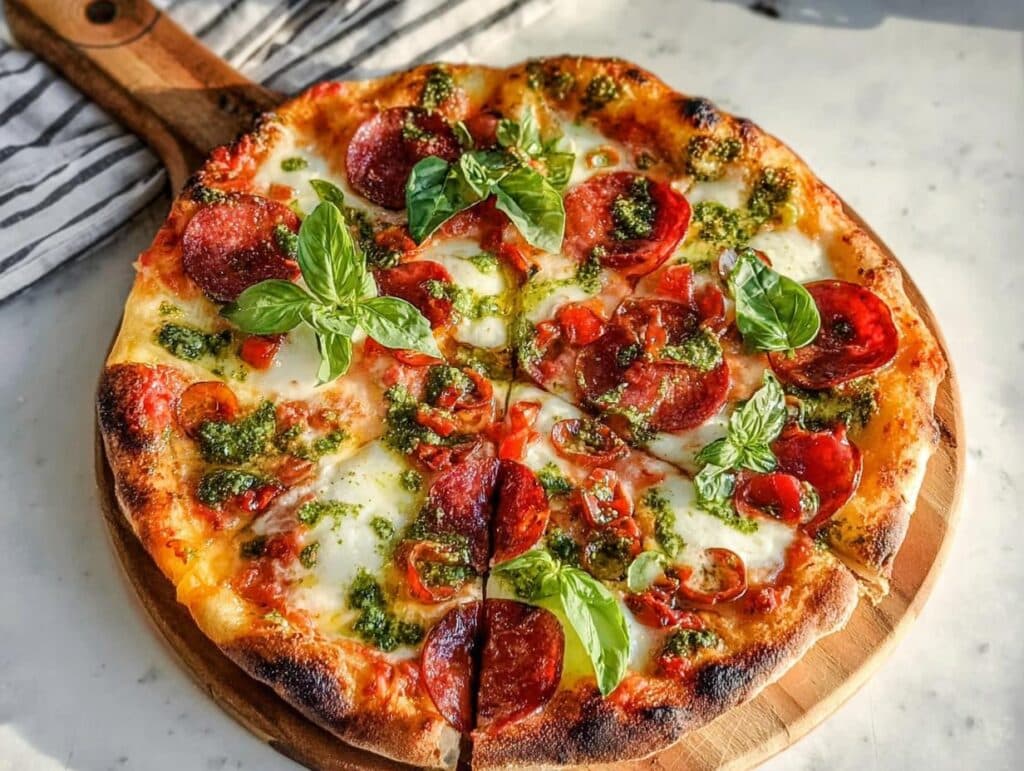 A freshly baked Pepperoni Burrata Pizza with Basil Pesto, topped with fresh basil leaves, served on a wooden peel.