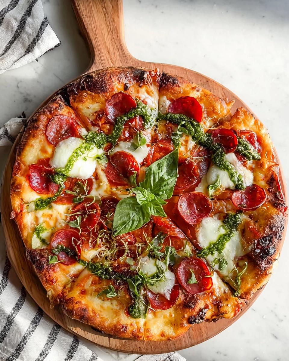 A freshly baked Pepperoni Burrata Pizza with Basil Pesto, sliced and resting on a wooden pizza peel.