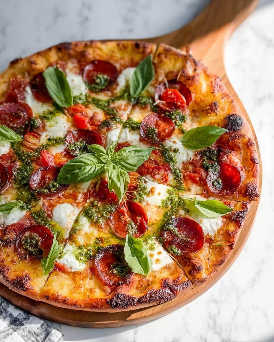 A freshly baked Pepperoni Burrata Pizza with basil pesto drizzled over mozzarella and pepperoni slices.