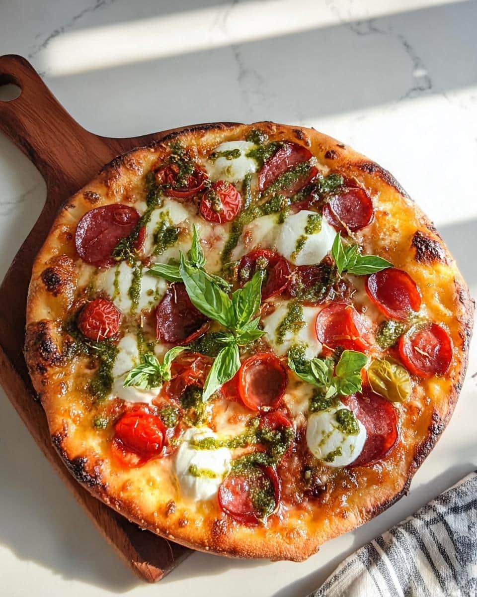 A freshly baked Pepperoni Burrata Pizza with Basil Pesto, topped with fresh basil leaves, served on a wooden pizza peel.