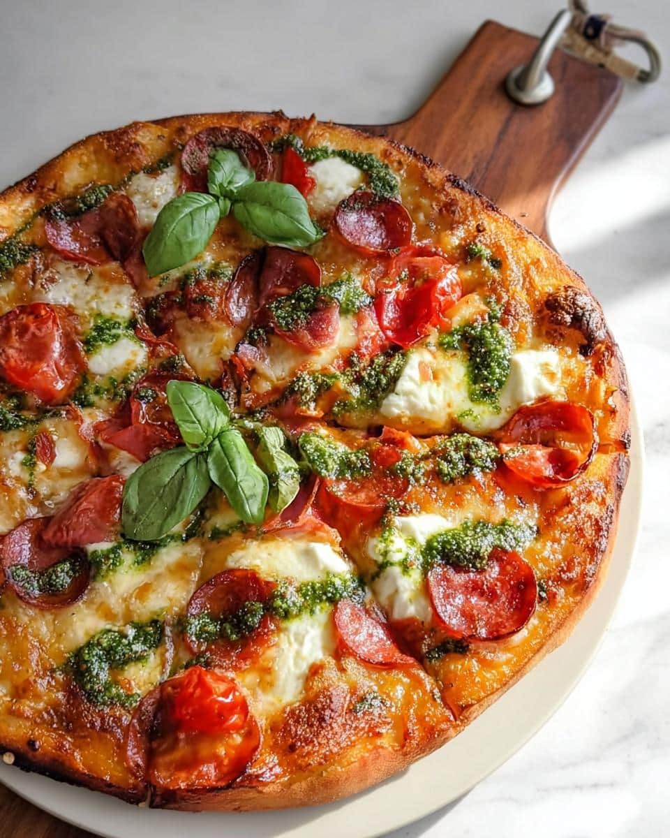 A freshly baked Pepperoni Burrata Pizza with Basil Pesto, topped with fresh basil leaves, resting on a wooden peel.