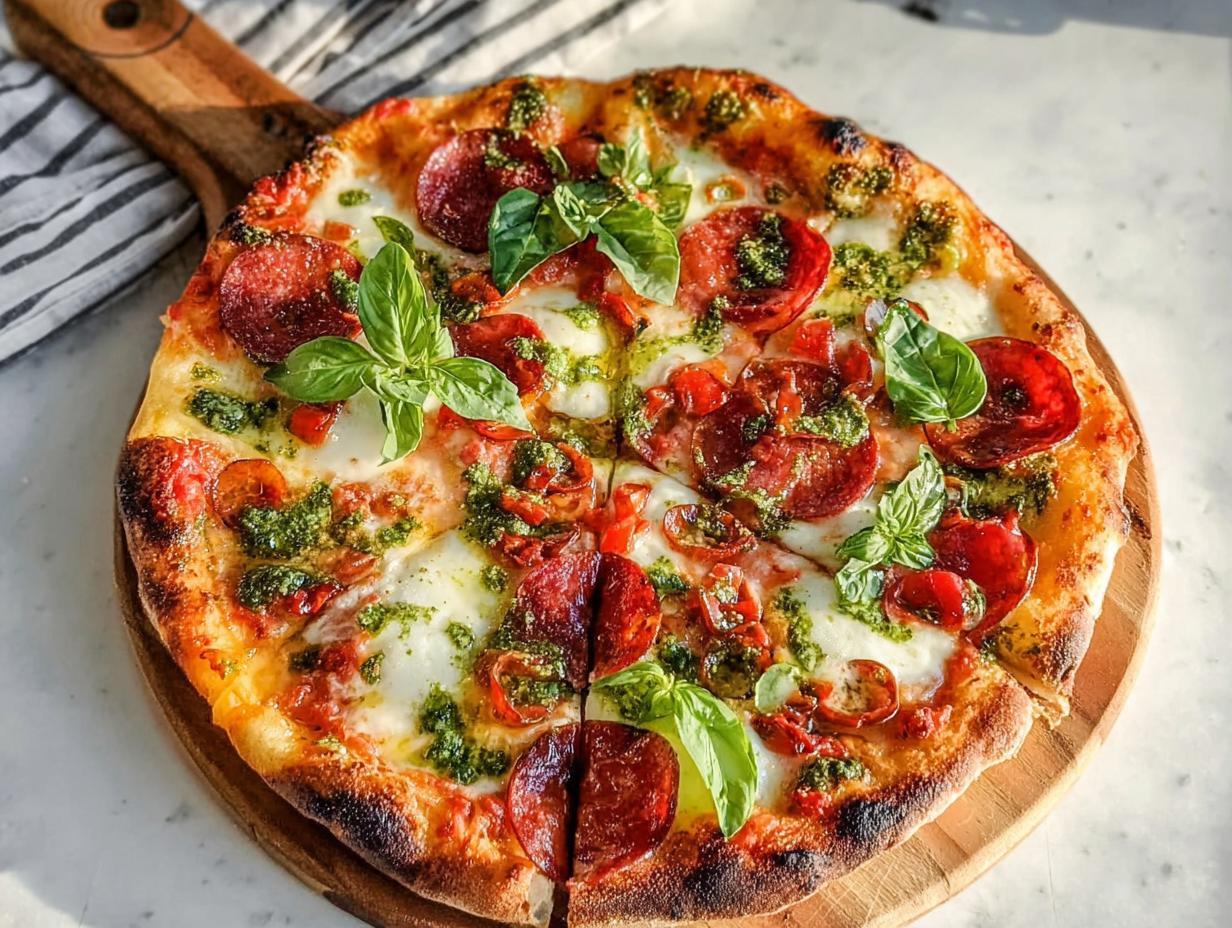 A freshly baked Pepperoni Burrata Pizza with Basil Pesto, topped with fresh basil leaves, served on a wooden peel.