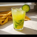 A tall glass filled with bubbly Pineapple Cucumber Detox Water, ice, and cucumber slices.