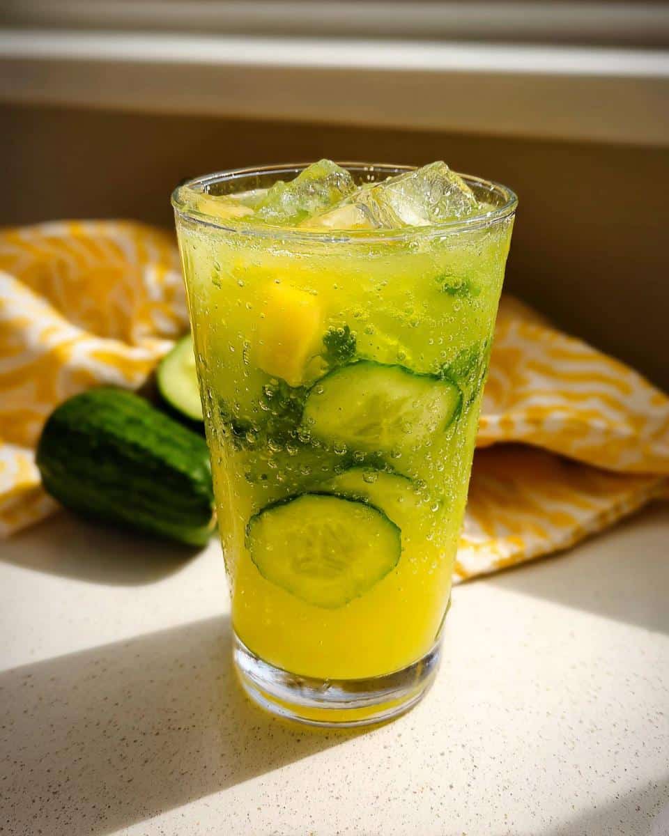 A tall glass filled with bubbly Pineapple Cucumber Detox Water, ice, cucumber slices, and pineapple chunks.