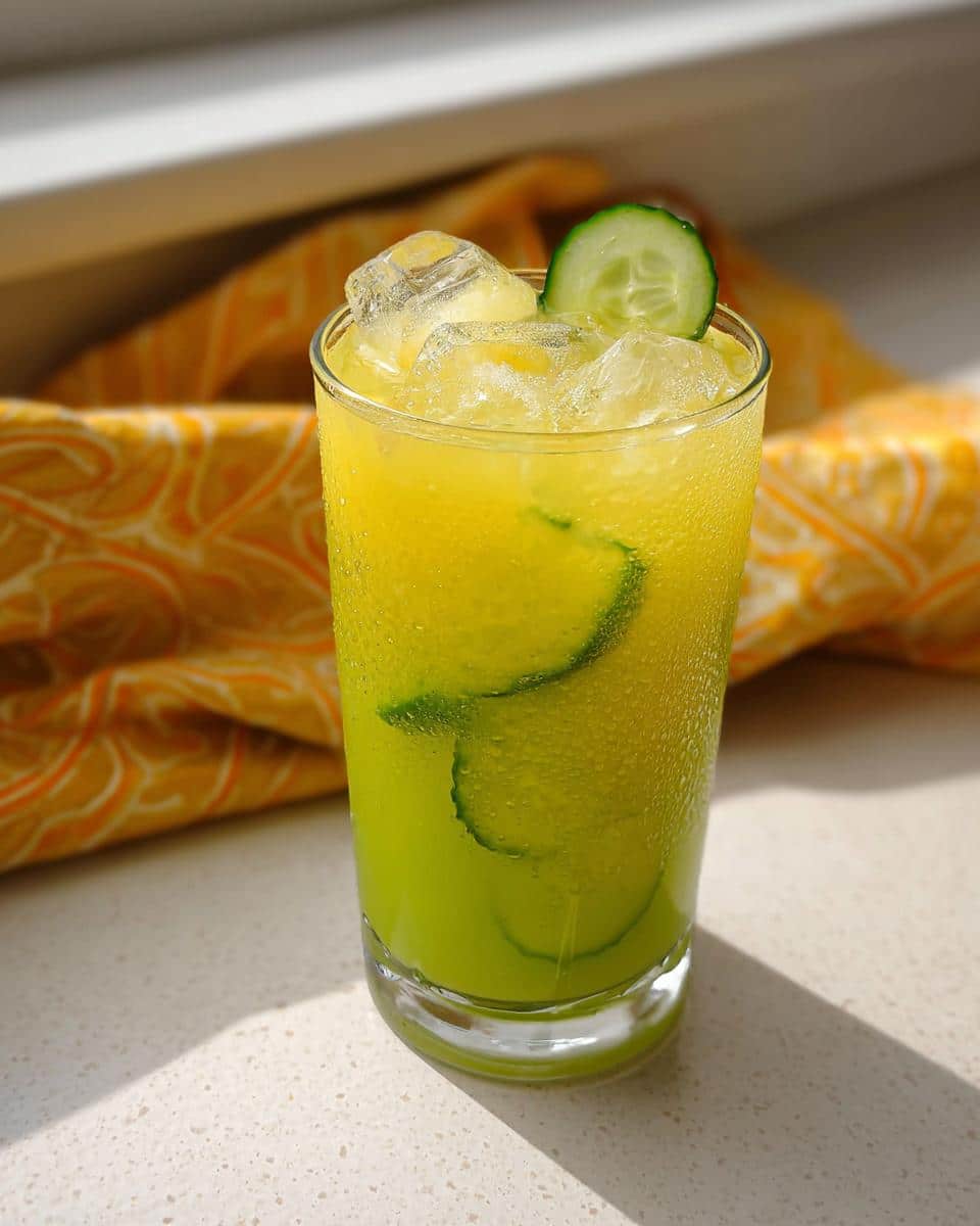 A tall, sweating glass filled with bright yellow and green Pineapple Cucumber Detox Water, ice, and cucumber slices.