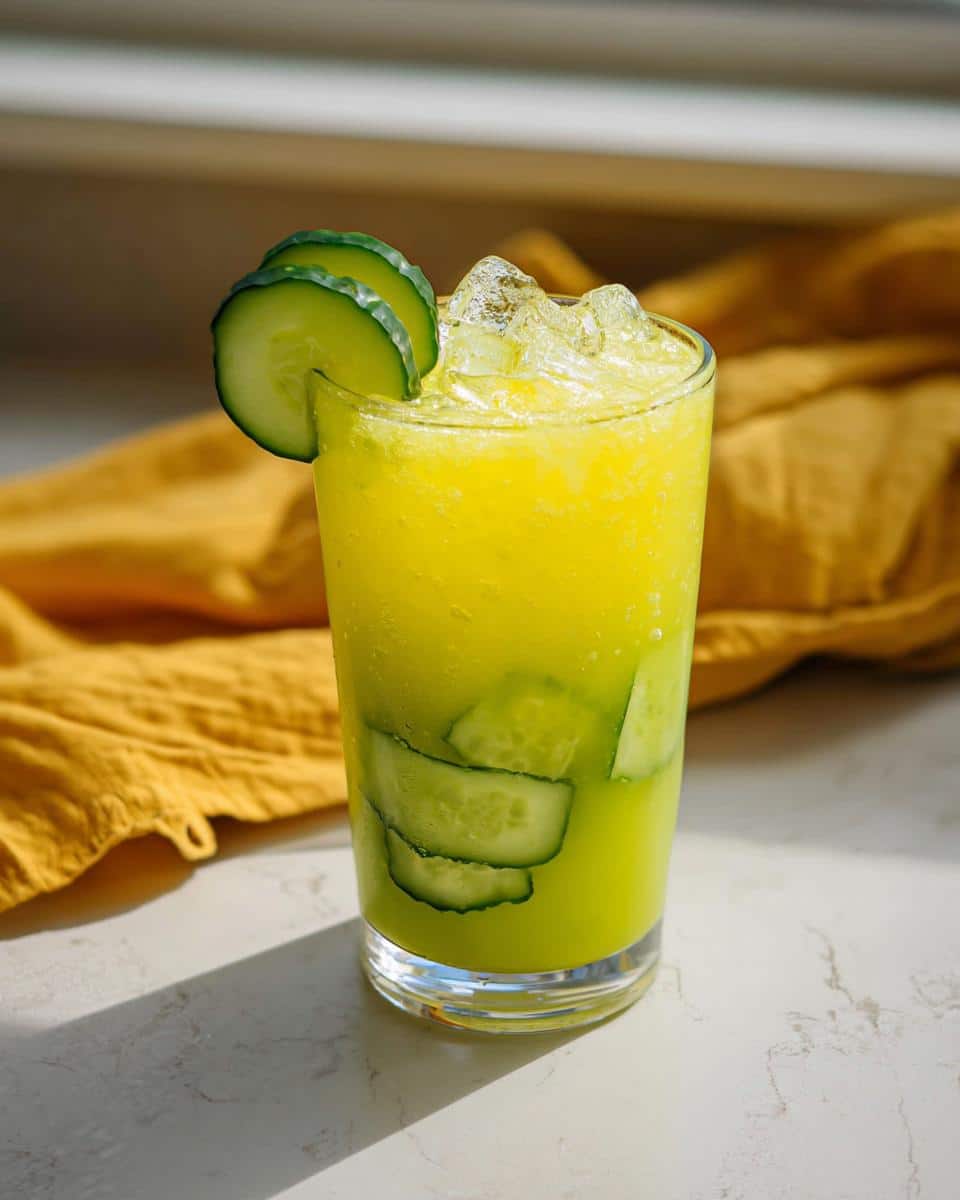 A tall glass filled with bright yellow Pineapple Cucumber Detox Water, topped with crushed ice and garnished with cucumber slices.