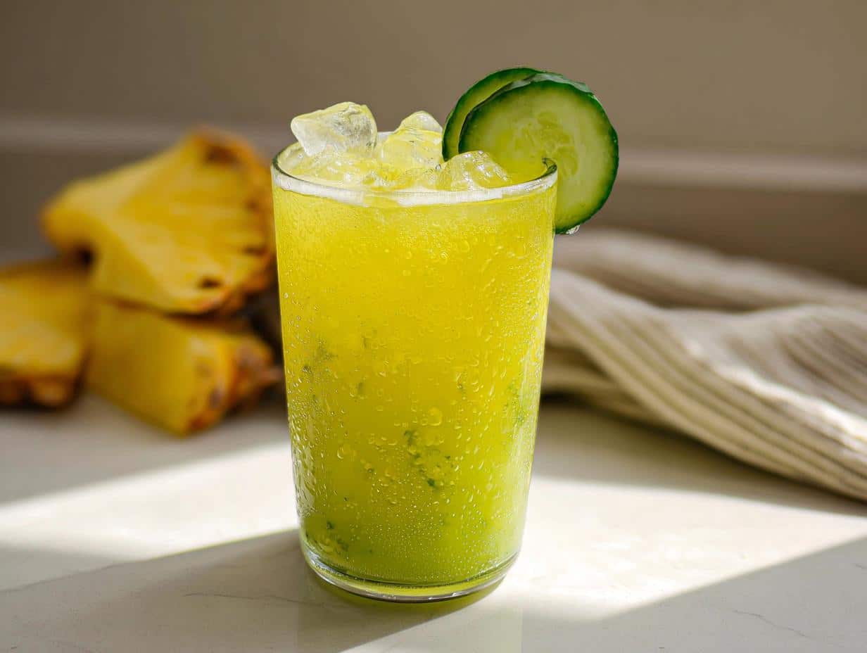 A tall glass filled with icy yellow-green Pineapple Cucumber Detox Water, garnished with cucumber slices.