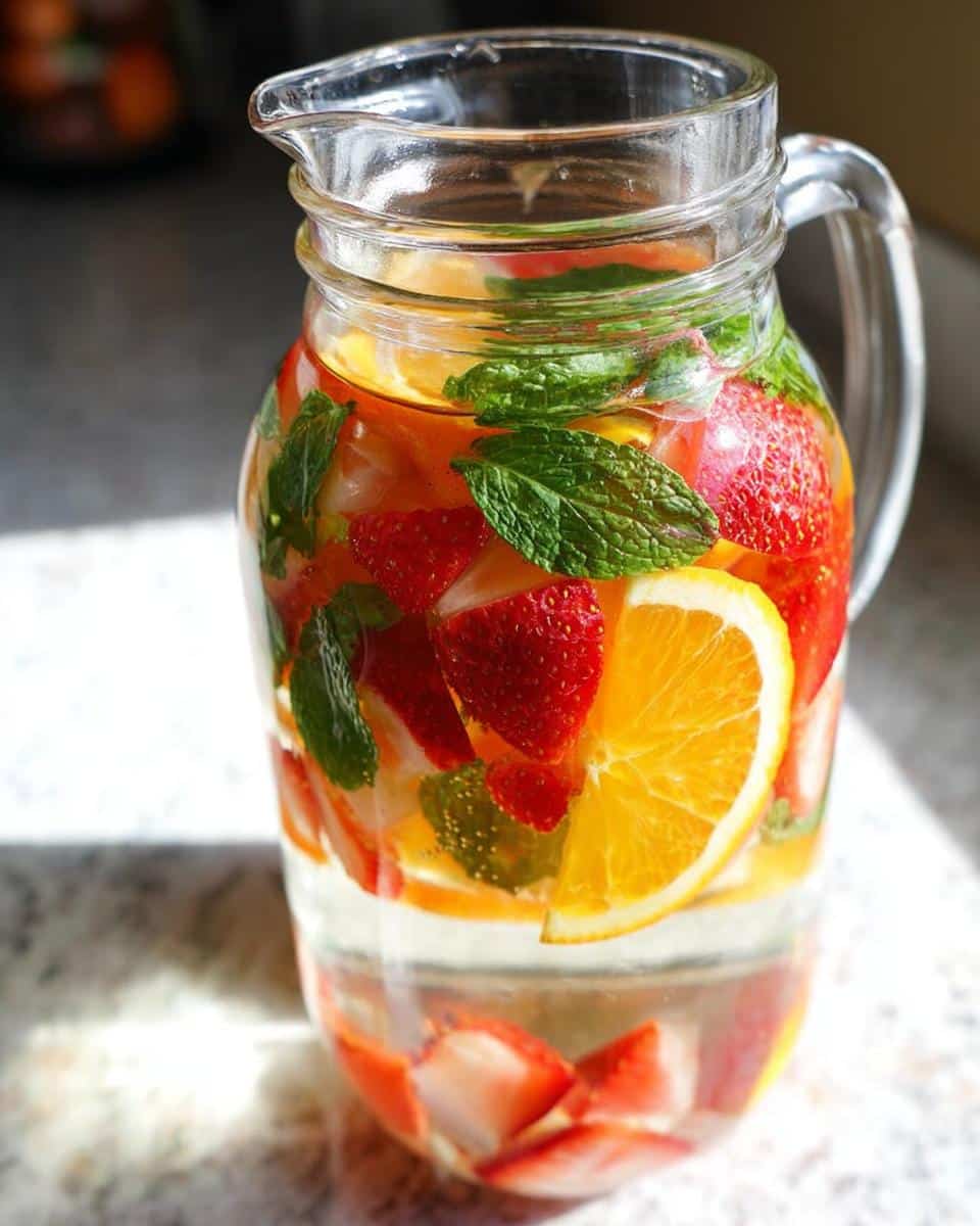 Close-up of a glass pitcher filled with Slimming Strawberry Detox Water infused with strawberries, orange slices, and mint leaves.