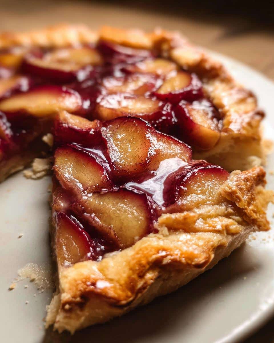 Close-up of a slice of Plum Rustic Tart showing glistening, baked plum slices and flaky crust.