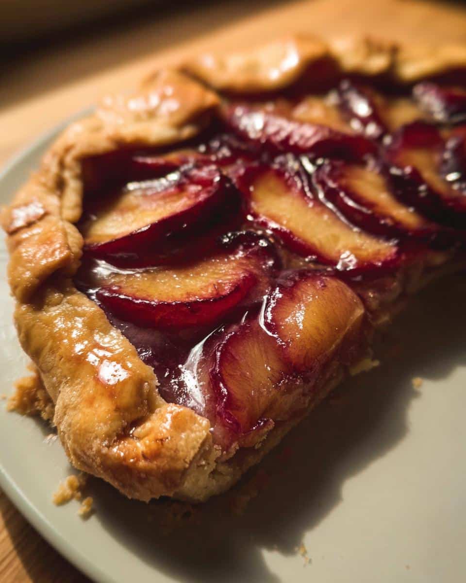Close-up of a slice of Plum Rustic Tart showing baked, glistening plum slices and a golden, folded crust.