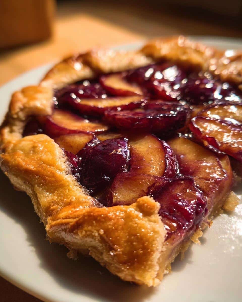 Close-up of a golden-crusted slice of Plum Rustic Tart topped with glistening, baked plum slices.