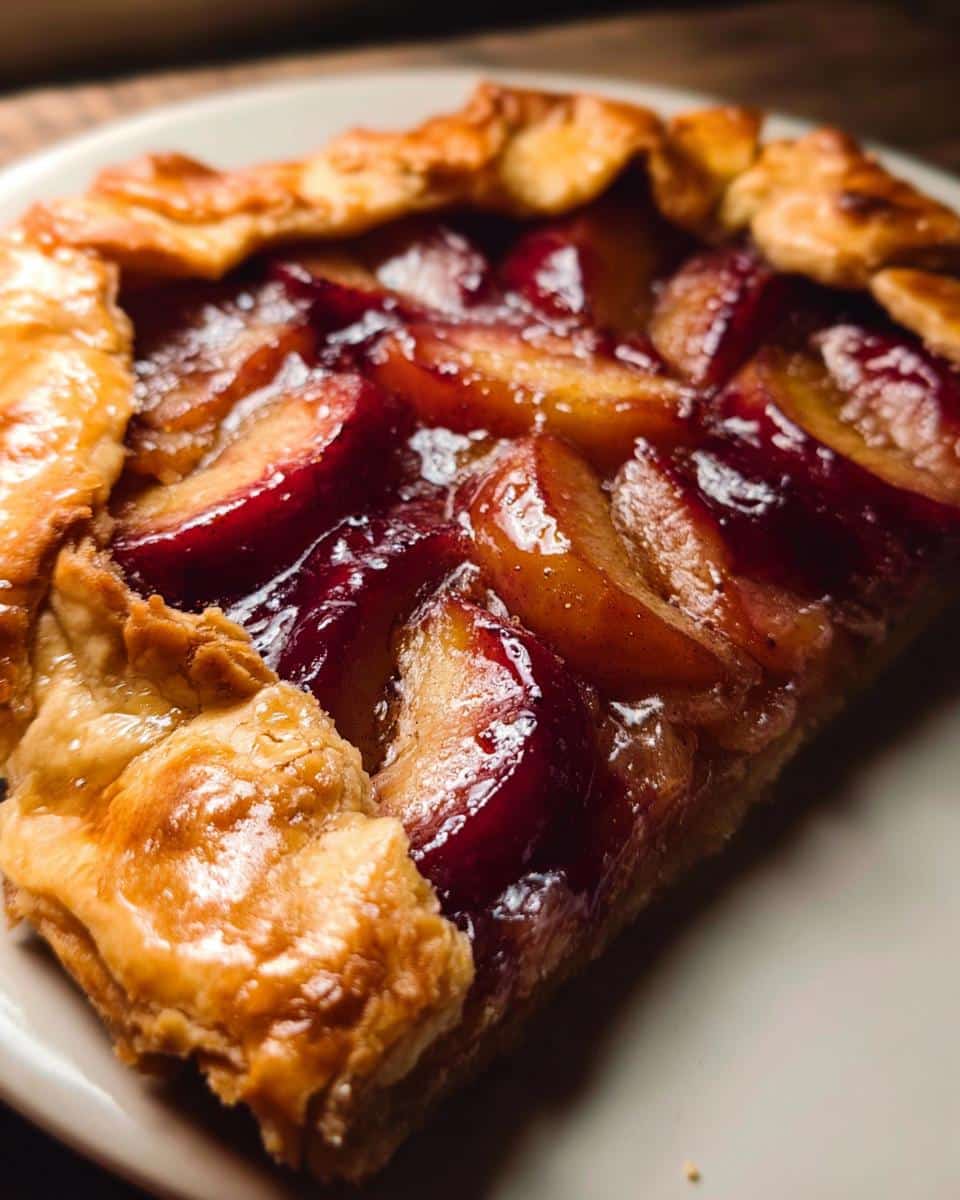 Close-up of a slice of Plum Rustic Tart showing glossy, caramelized plum filling and flaky, golden-brown crust.