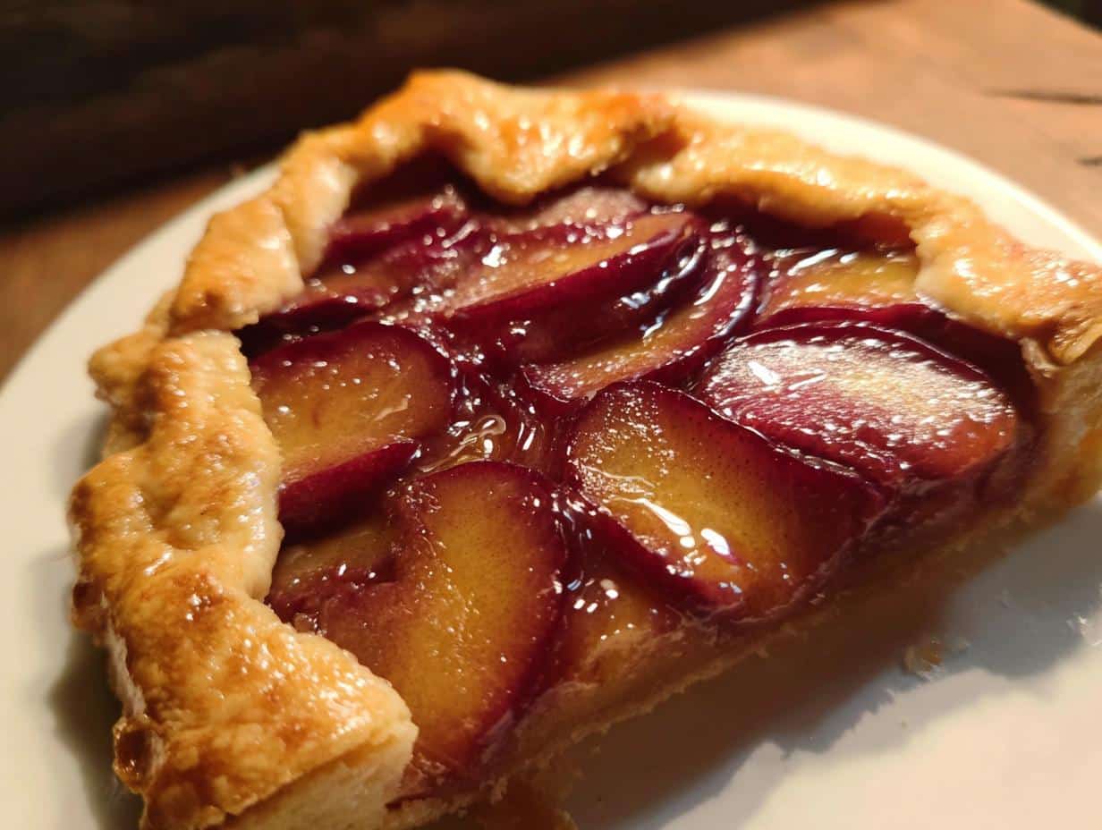 Close-up of a single slice of Plum Rustic Tart showing glistening, caramelized plum slices and a flaky, golden crust.