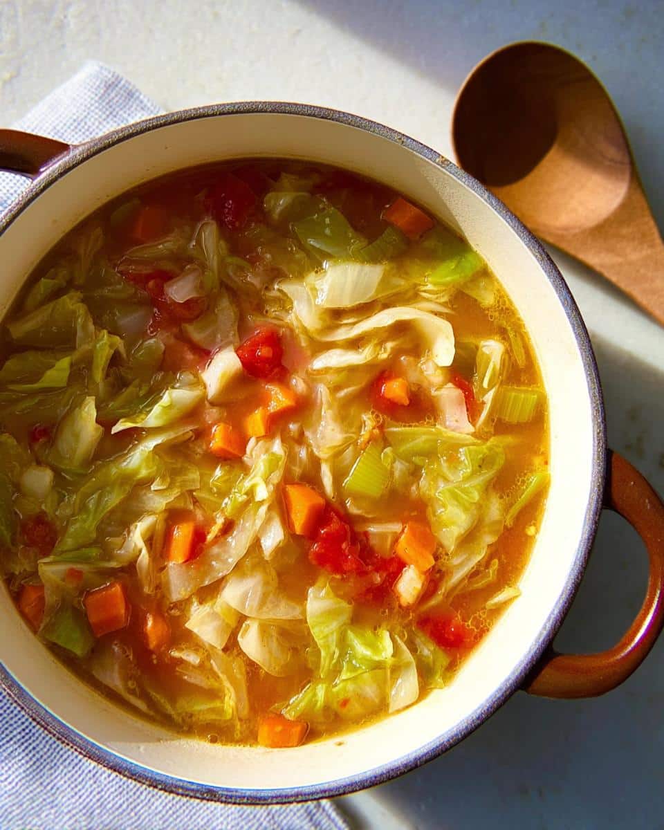 Overhead view of a pot filled with hot Cabbage Detox Soup, featuring large pieces of cabbage, carrots, and tomatoes in a savory broth.