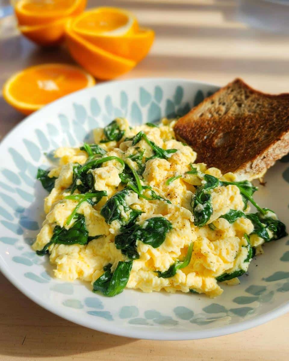 Fluffy scrambled eggs mixed with wilted spinach served with whole-grain toast, part of a Protein-Packed Breakfast-for-Lunch Scramble.