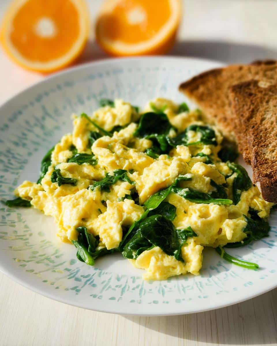Fluffy scrambled eggs mixed with wilted spinach served with toast and oranges, featuring the Protein-Packed Breakfast-for-Lunch Scramble.