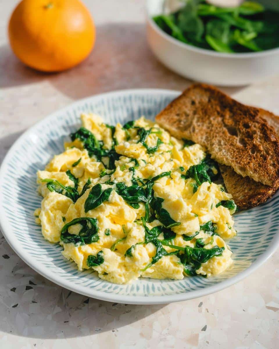 Fluffy scrambled eggs mixed with wilted spinach served with toast, part of a Protein-Packed Breakfast-for-Lunch Scramble.
