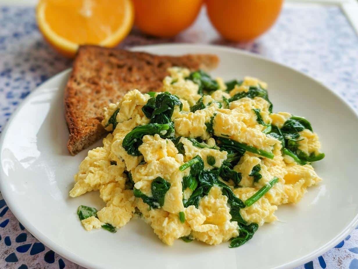 Fluffy scrambled eggs mixed with wilted spinach, served alongside whole-wheat toast, part of a Protein-Packed Breakfast-for-Lunch Scramble.