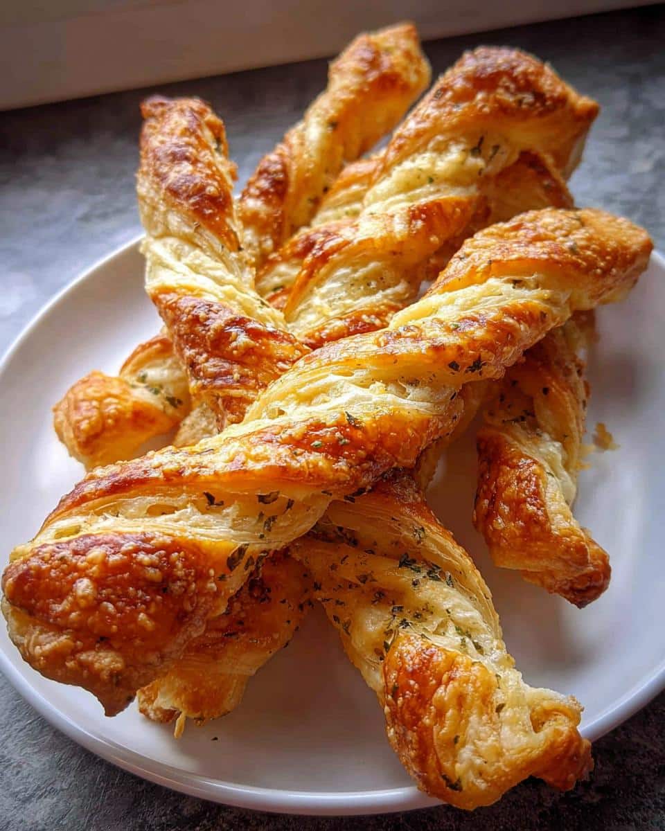 Close-up of several golden brown Puff Pastry Parmesan Twists piled on a white plate, sprinkled with herbs.