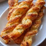 Close-up of several golden brown Puff Pastry Parmesan Twists, sprinkled with herbs, served on a white dish.