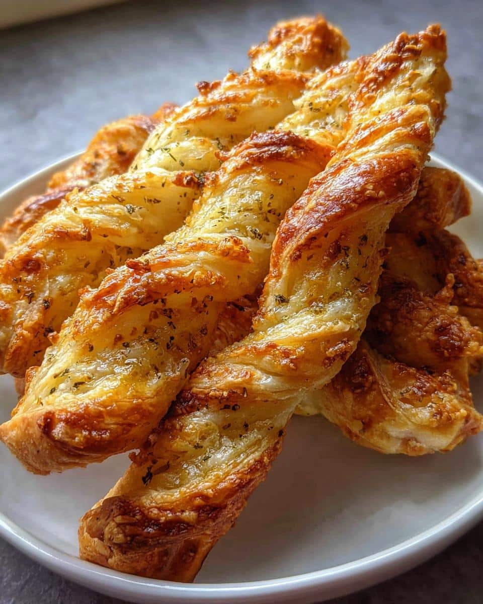 Close-up of several golden brown Puff Pastry Parmesan Twists stacked on a white plate.