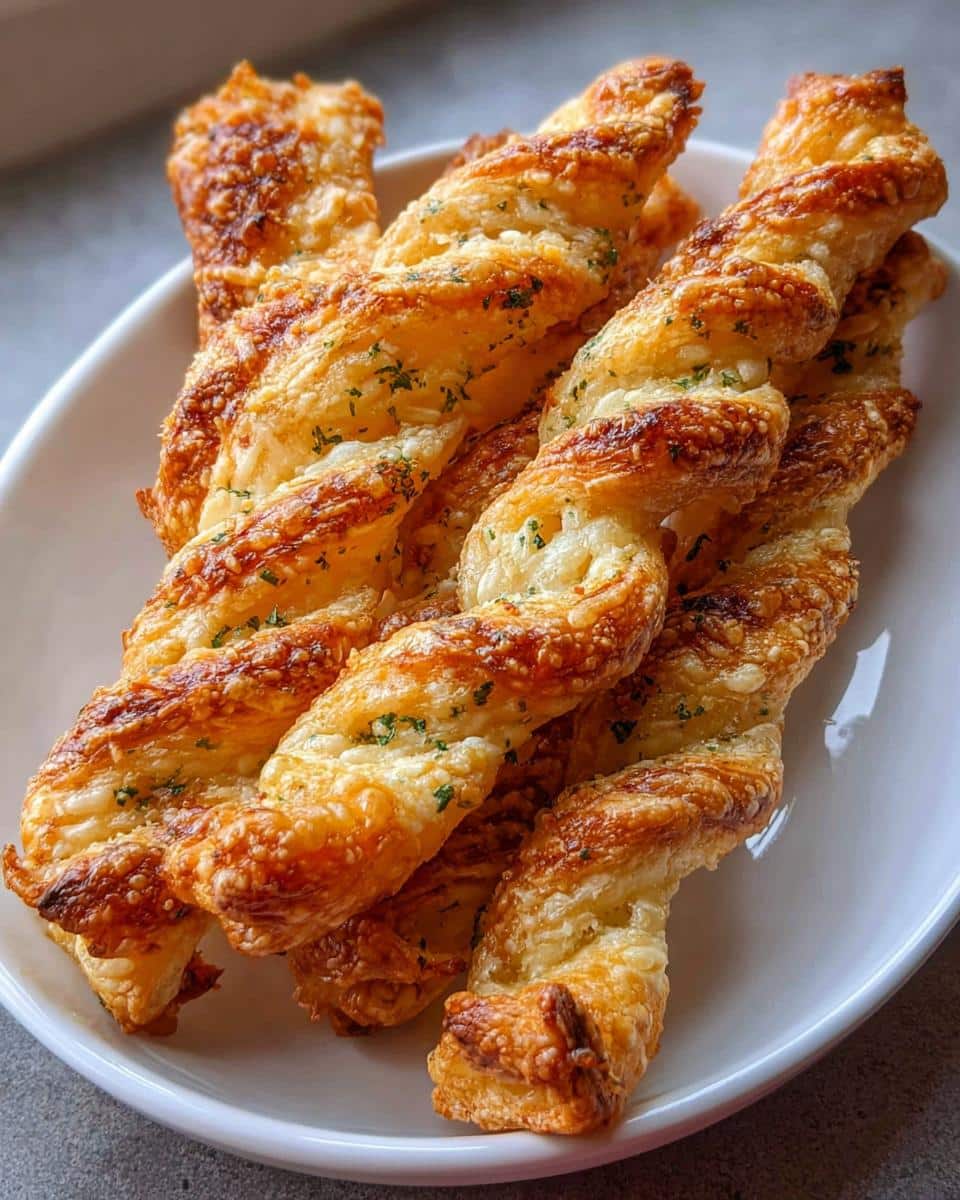 Close-up of several golden brown Puff Pastry Parmesan Twists stacked on a white dish, sprinkled with herbs.
