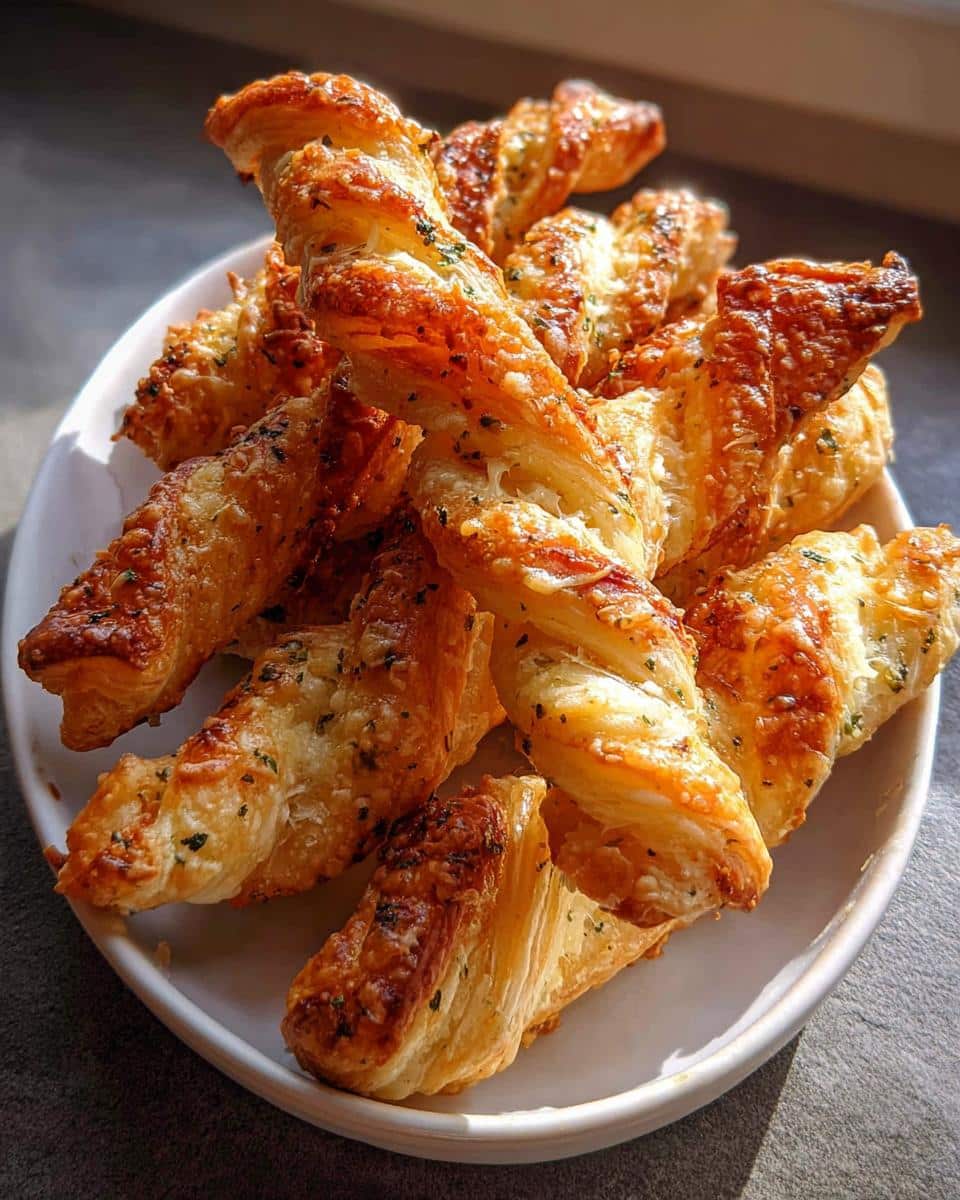A pile of golden brown, flaky Puff Pastry Parmesan Twists sprinkled with herbs on a white plate.