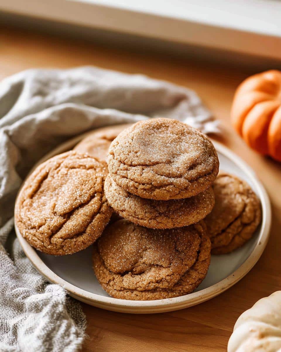 A stack of soft, crinkled Pumpkin Spice Cookies coated in sugar on a light plate.