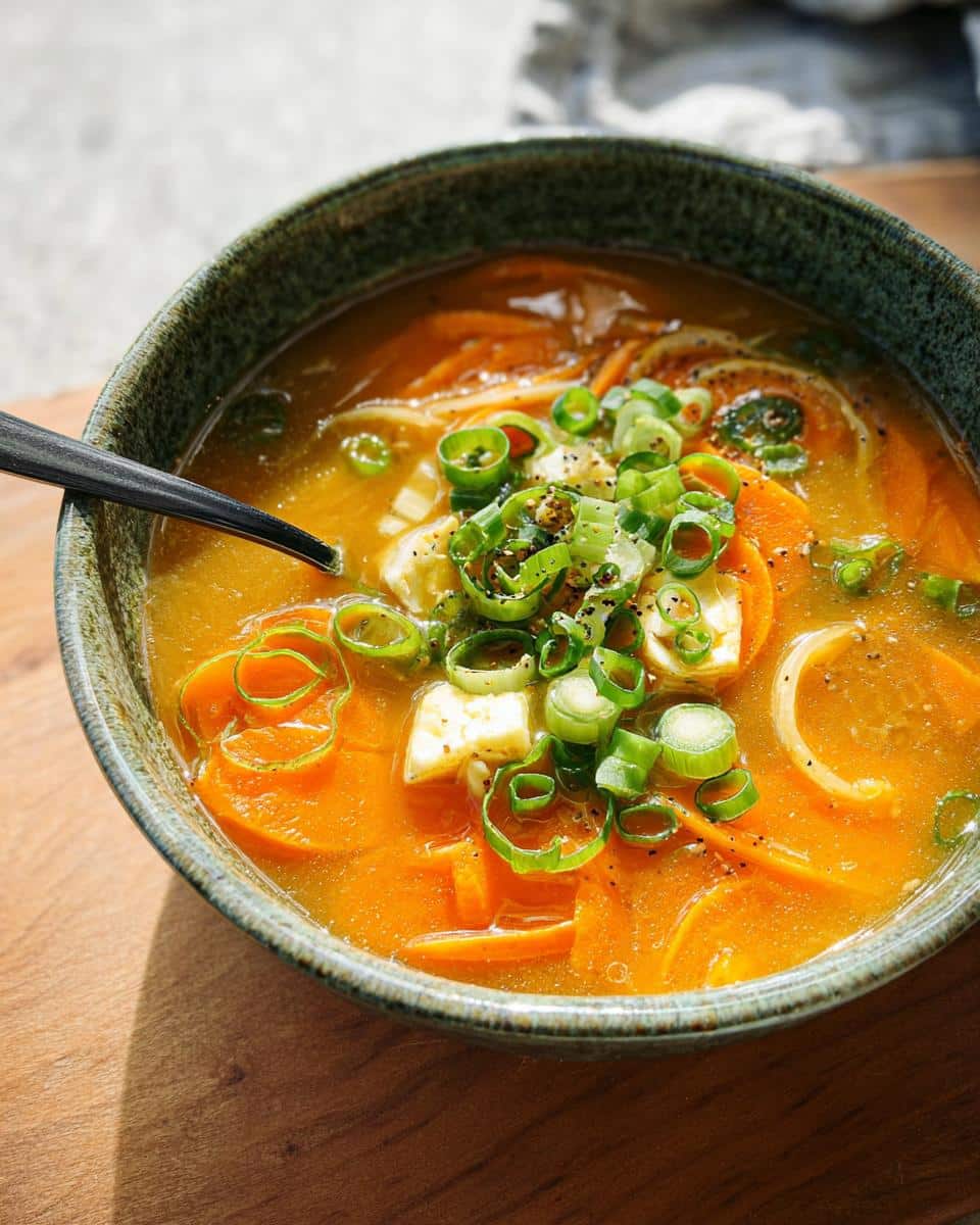 Close-up of a vibrant Quick Carrot & Onion Miso Bowl topped with fresh scallions and tofu cubes.