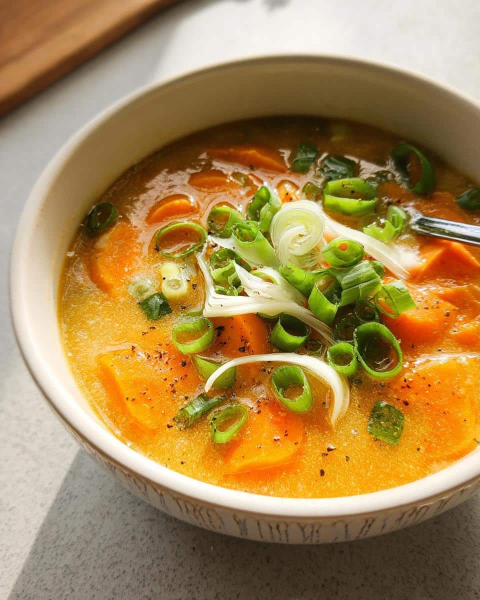 A vibrant bowl of Quick Carrot & Onion Miso Bowl, topped generously with sliced green onions.