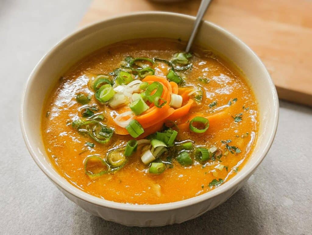 Close-up of a vibrant orange Quick Carrot & Onion Miso Bowl topped with fresh green onions and carrot ribbons.