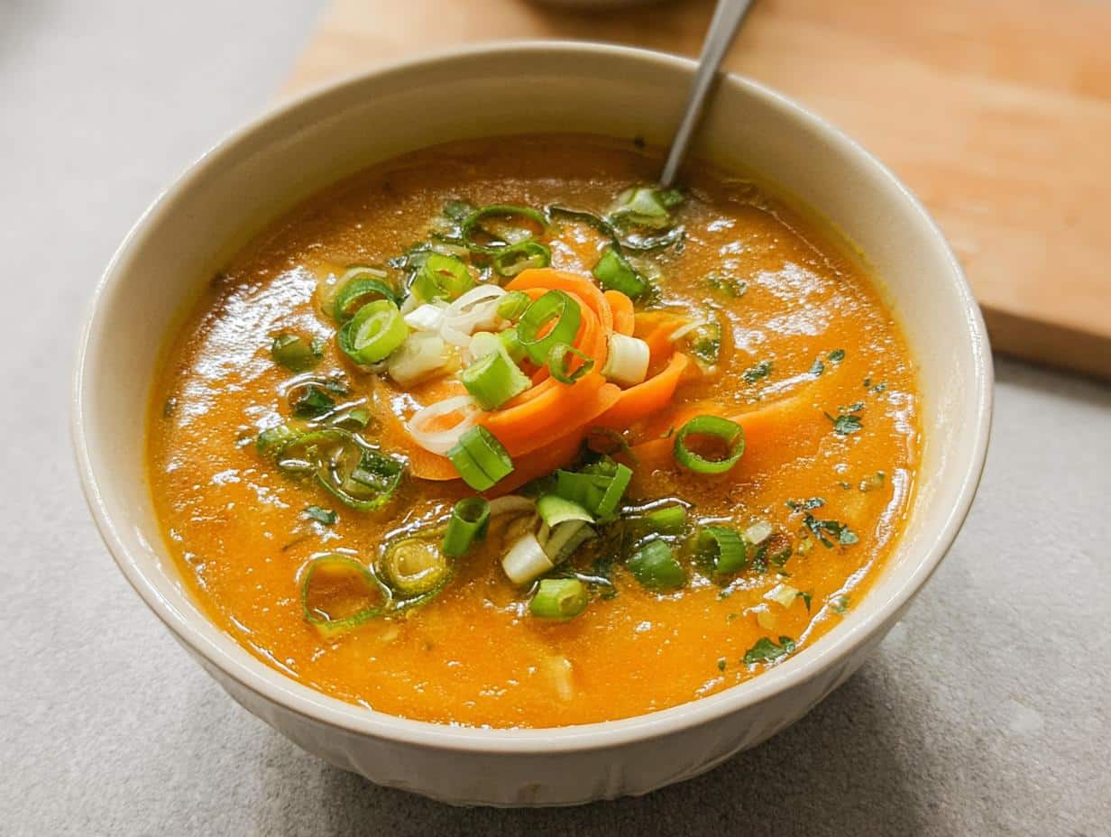 Close-up of a vibrant orange Quick Carrot & Onion Miso Bowl topped with fresh green onions and carrot ribbons.