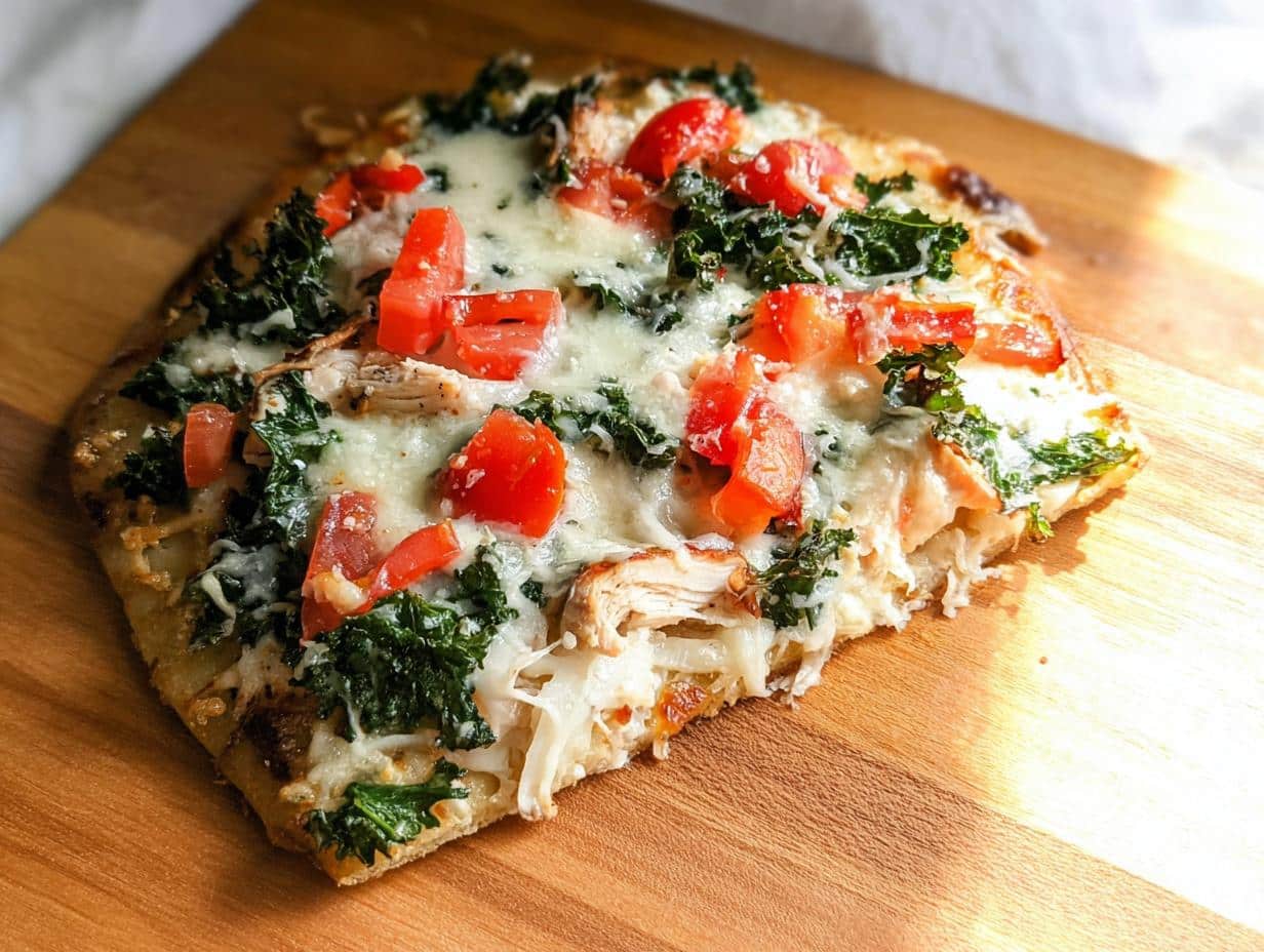 A close-up of a slice of Quick Chicken Flatbread Dinner topped with melted cheese, kale, and diced tomatoes.