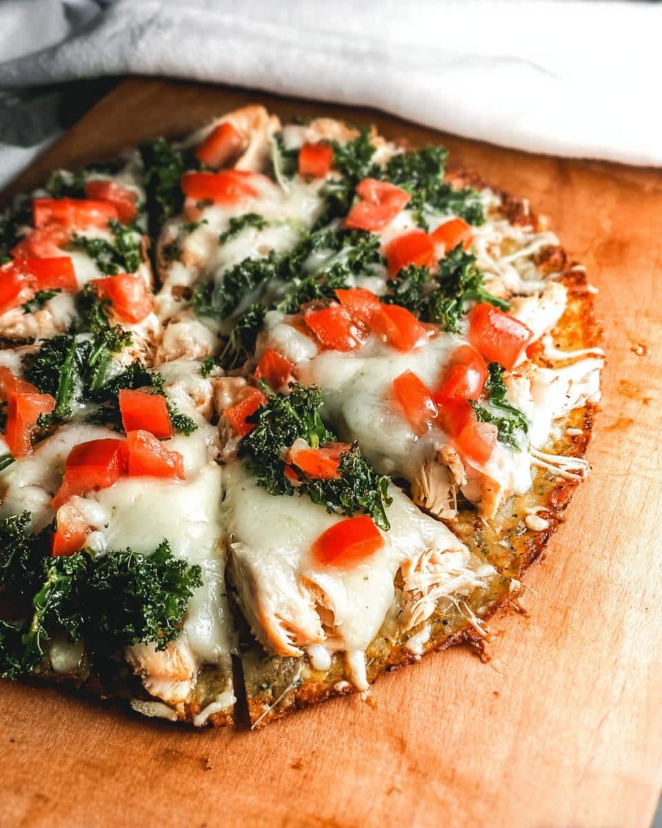 Close-up of a Quick Chicken Flatbread Dinner topped with melted cheese, kale, and diced tomatoes, sliced on wood.
